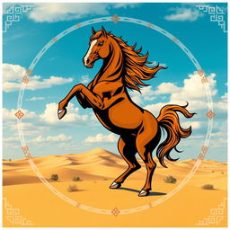 A medieval emblem featuring a striking horse standing on its hind legs, beautifully captured in the midst of the Mongolian desert