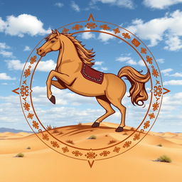 A medieval emblem featuring a striking horse standing on its hind legs, beautifully captured in the midst of the Mongolian desert
