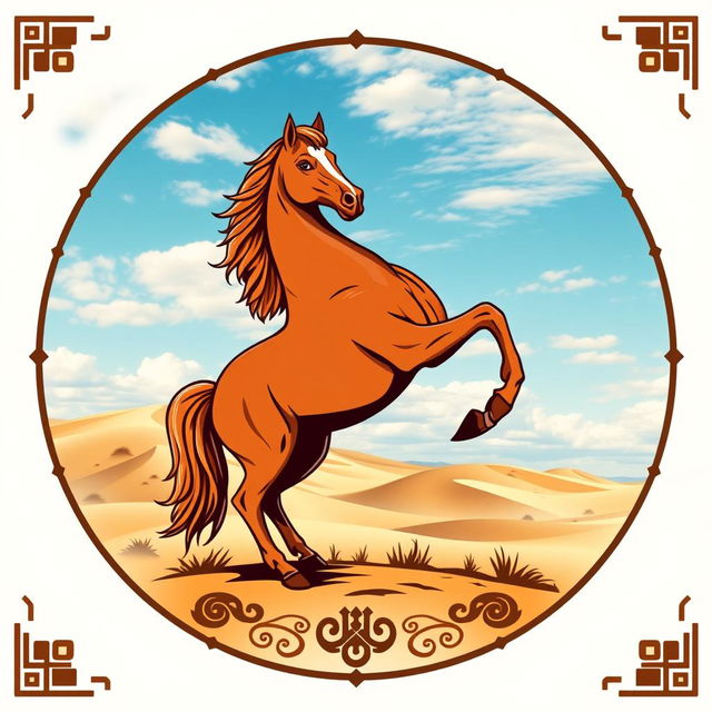 A medieval emblem featuring a striking horse standing on its hind legs, beautifully captured in the midst of the Mongolian desert