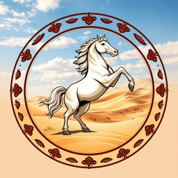 A medieval emblem featuring a striking horse standing on its hind legs, beautifully captured in the midst of the Mongolian desert