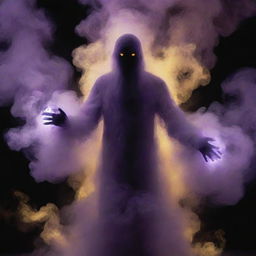 The shadowy figure is now an almost nebulous entity, heavily shrouded in thick, roiling, purple smoke