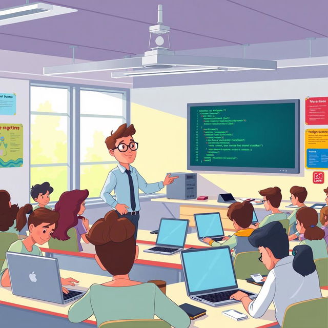 A vibrant and engaging illustration of a computer science classroom, filled with diverse students actively participating in a coding lesson