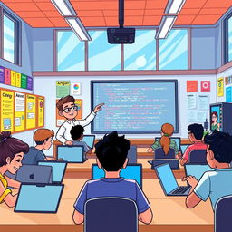 A vibrant and engaging illustration of a computer science classroom, filled with diverse students actively participating in a coding lesson