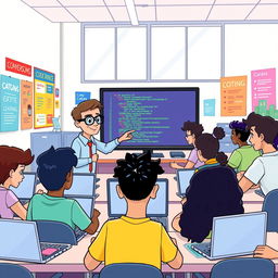 A vibrant and engaging illustration of a computer science classroom, filled with diverse students actively participating in a coding lesson