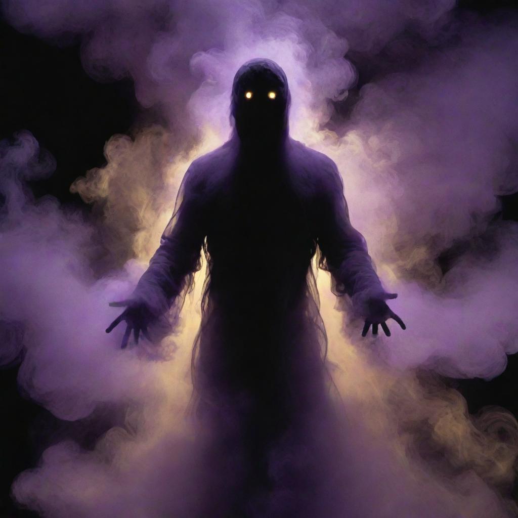 The shadowy figure is now an almost nebulous entity, heavily shrouded in thick, roiling, purple smoke