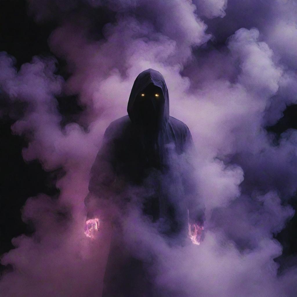 The shadowy figure is enveloped in a world of thick purple smoke, its form an almost indistinguishable part of the smoke