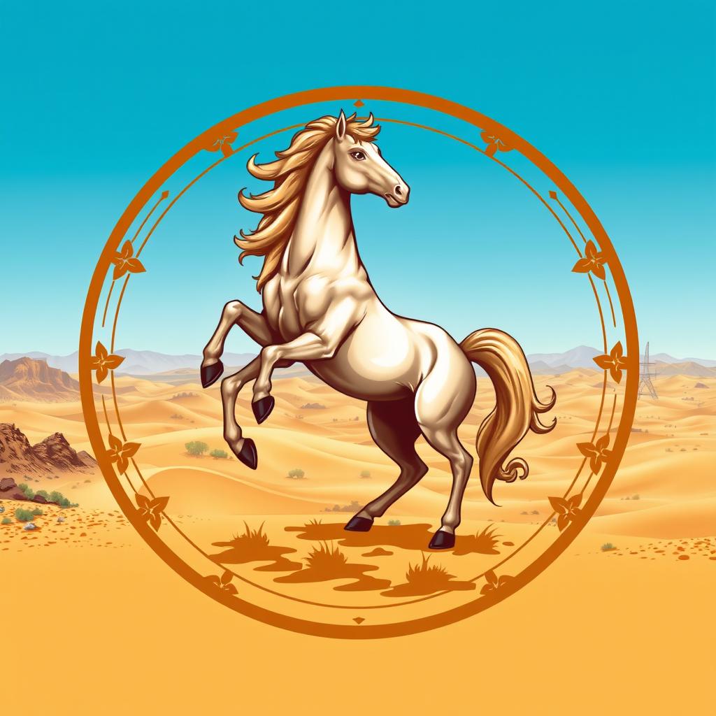 A semi-realistic medieval emblem featuring a majestic horse standing on its hind legs in a proud and powerful posture, set against the stunning backdrop of the Mongolian desert