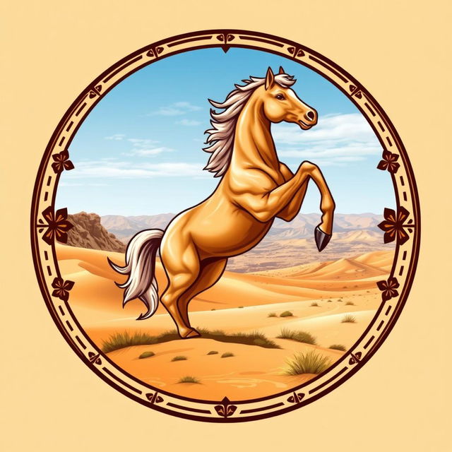 A semi-realistic medieval emblem featuring a majestic horse standing on its hind legs in a proud and powerful posture, set against the stunning backdrop of the Mongolian desert