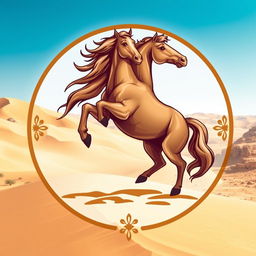 A semi-realistic medieval emblem featuring a majestic horse standing on its hind legs in a proud and powerful posture, set against the stunning backdrop of the Mongolian desert