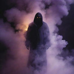 The shadowy figure is enveloped in a world of thick purple smoke, its form an almost indistinguishable part of the smoke