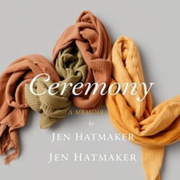 An engaging book cover design for "Ceremony: A Memoir" by Jen Hatmaker, featuring a background of beautifully wrapped scarves in earthy tones such as warm browns, muted greens, and gentle ochres, all set against a soft gray backdrop