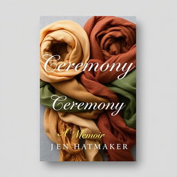 An engaging book cover design for "Ceremony: A Memoir" by Jen Hatmaker, featuring a background of beautifully wrapped scarves in earthy tones such as warm browns, muted greens, and gentle ochres, all set against a soft gray backdrop