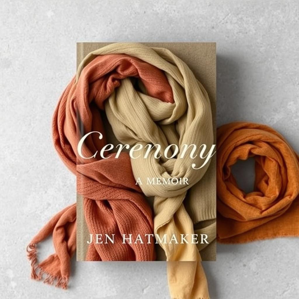 An engaging book cover design for "Ceremony: A Memoir" by Jen Hatmaker, featuring a background of beautifully wrapped scarves in earthy tones such as warm browns, muted greens, and gentle ochres, all set against a soft gray backdrop