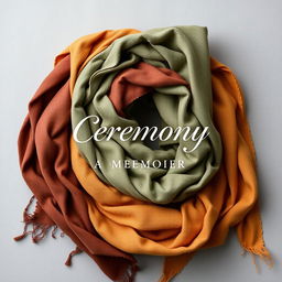 An engaging book cover design for "Ceremony: A Memoir" by Jen Hatmaker, featuring a background of beautifully wrapped scarves in earthy tones such as warm browns, muted greens, and gentle ochres, all set against a soft gray backdrop