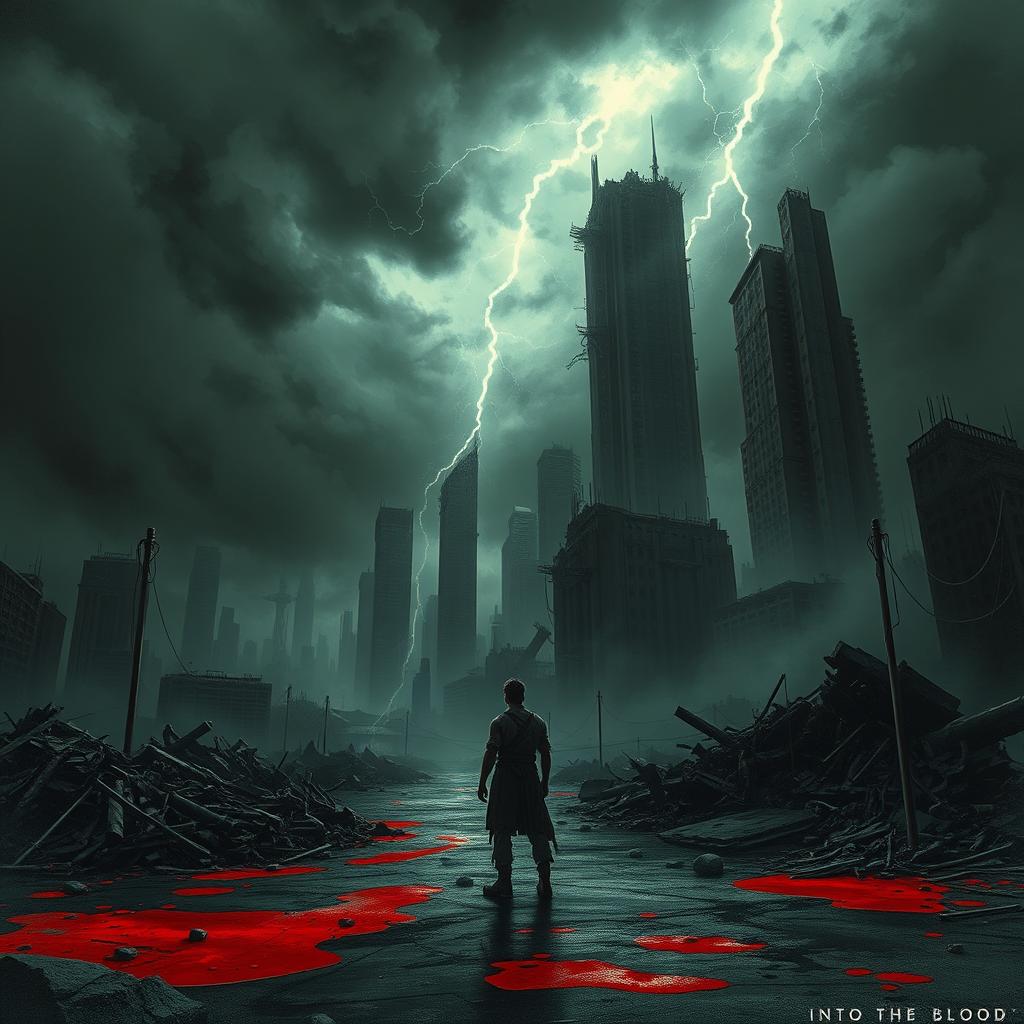 A dark apocalyptic world under the title 'Into the Blood', featuring a devastated cityscape engulfed in shadows and destruction