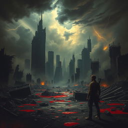 A dark apocalyptic world under the title 'Into the Blood', featuring a devastated cityscape engulfed in shadows and destruction