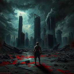 A dark apocalyptic world under the title 'Into the Blood', featuring a devastated cityscape engulfed in shadows and destruction