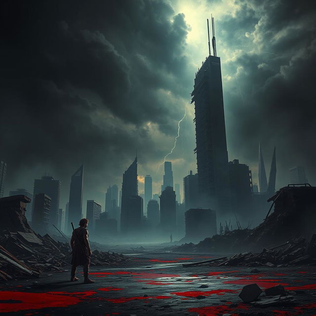 A dark apocalyptic world under the title 'Into the Blood', featuring a devastated cityscape engulfed in shadows and destruction