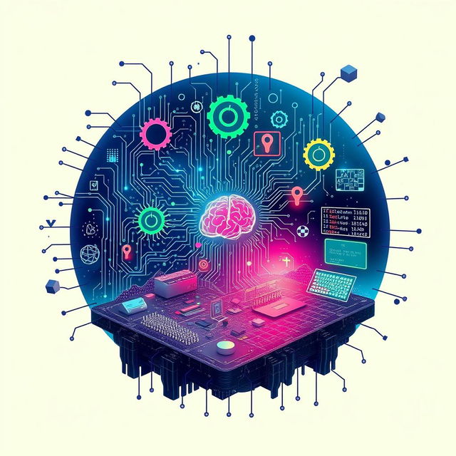 An artistic representation of the concept of computer logic, featuring intricate circuit designs, binary code flowing through the air, and a vibrant digital landscape