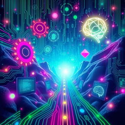 An artistic representation of the concept of computer logic, featuring intricate circuit designs, binary code flowing through the air, and a vibrant digital landscape