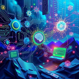 An artistic representation of the concept of computer logic, featuring intricate circuit designs, binary code flowing through the air, and a vibrant digital landscape