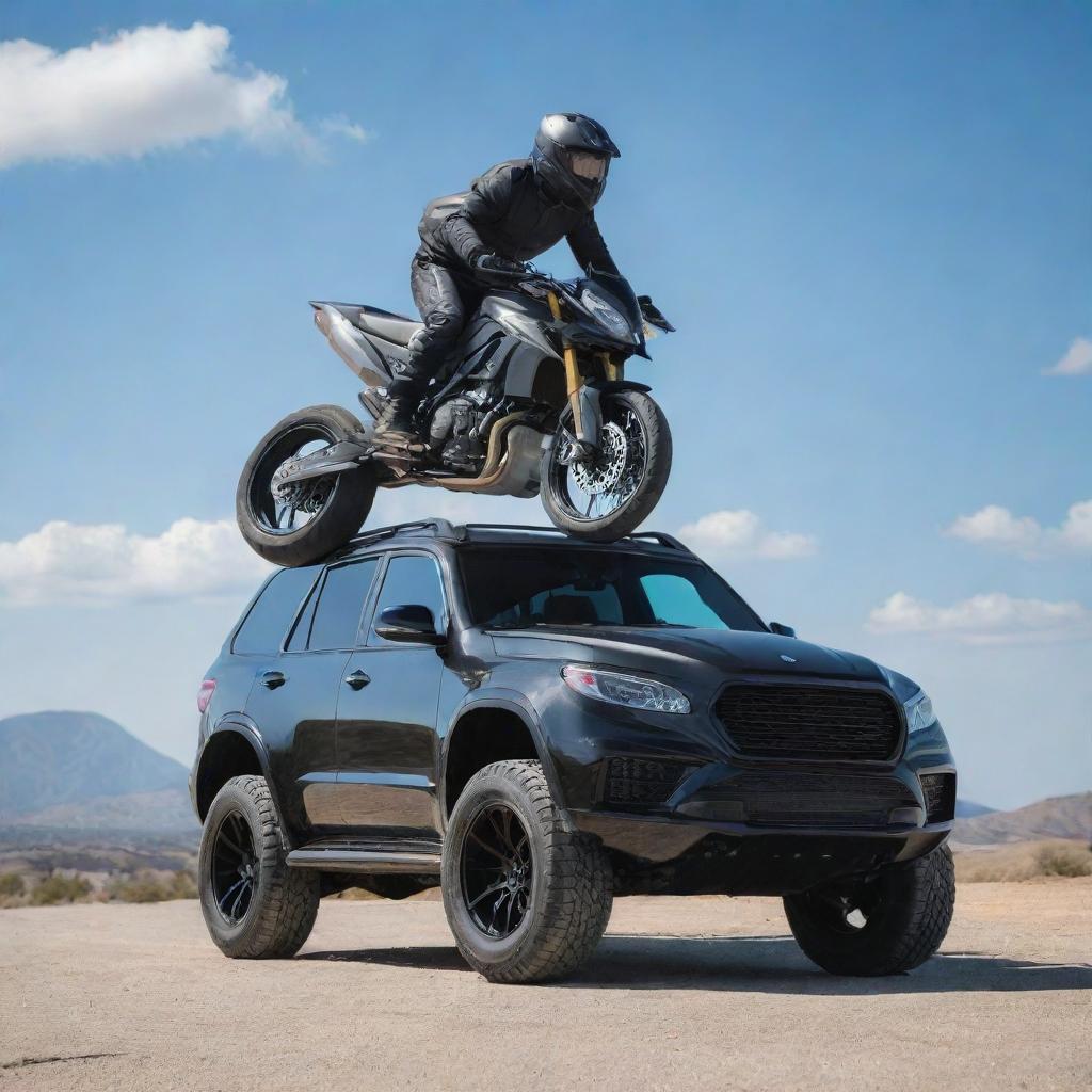 A high-speed sports bike perfectly perched on top of a gleaming, modern SUV under a bright sky.