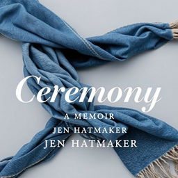 A chic book cover design for "Ceremony: A Memoir" by Jen Hatmaker, featuring a background of a beautifully woven scarf with denim textures wrapped around a soft gray backdrop