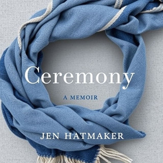 A chic book cover design for "Ceremony: A Memoir" by Jen Hatmaker, featuring a background of a beautifully woven scarf with denim textures wrapped around a soft gray backdrop