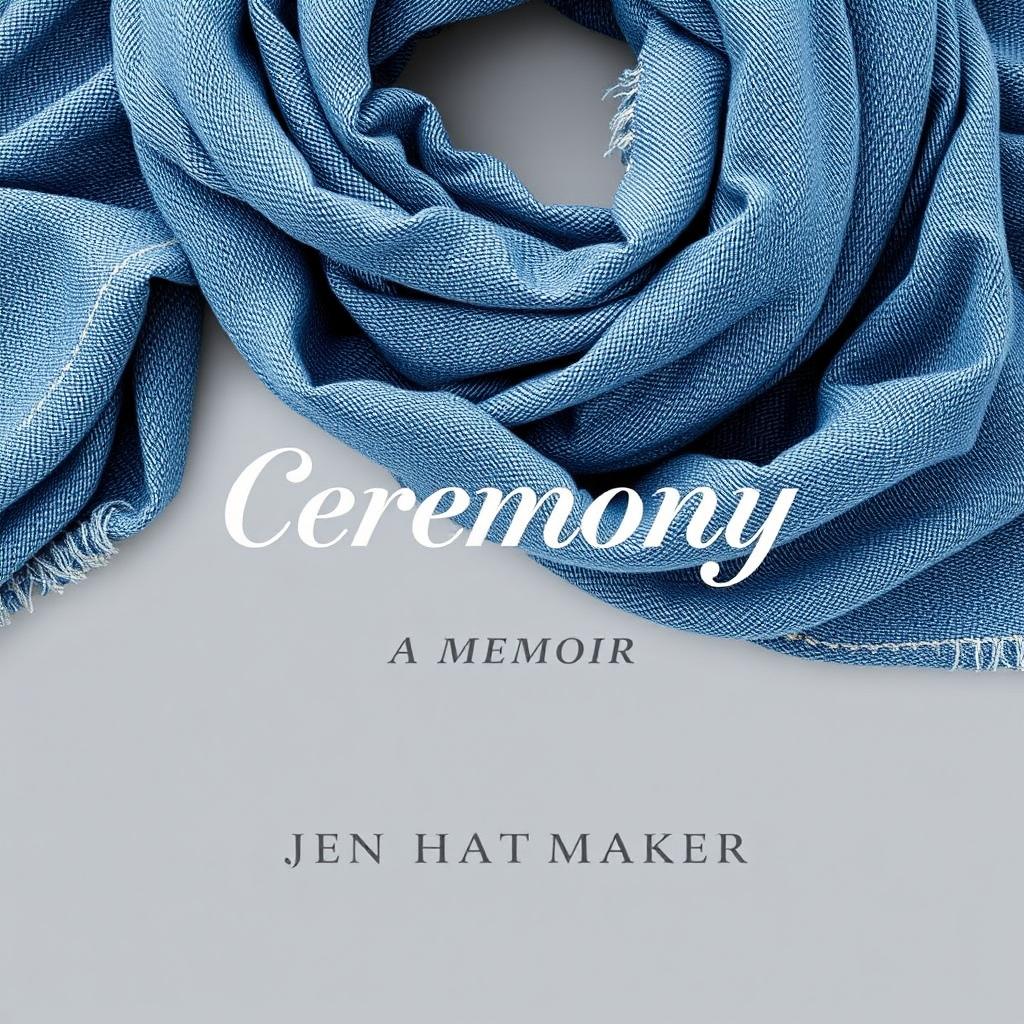 A chic book cover design for "Ceremony: A Memoir" by Jen Hatmaker, featuring a background of a beautifully woven scarf with denim textures wrapped around a soft gray backdrop