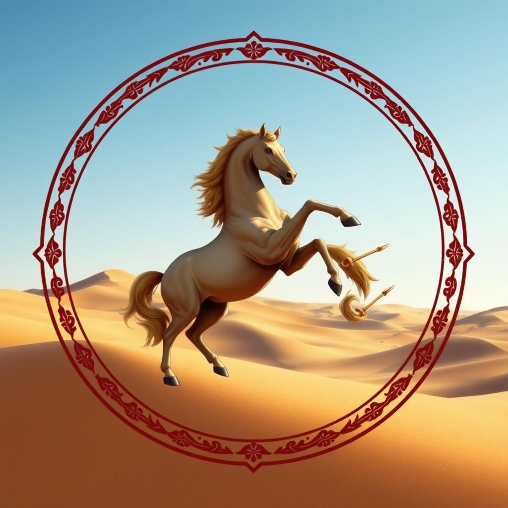 A medieval emblem showcasing a powerful horse standing on its hind legs, positioned prominently in the Mongolian desert