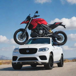 A high-speed sports bike perfectly perched on top of a gleaming, modern SUV under a bright sky.