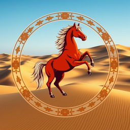 A medieval emblem showcasing a powerful horse standing on its hind legs, positioned prominently in the Mongolian desert