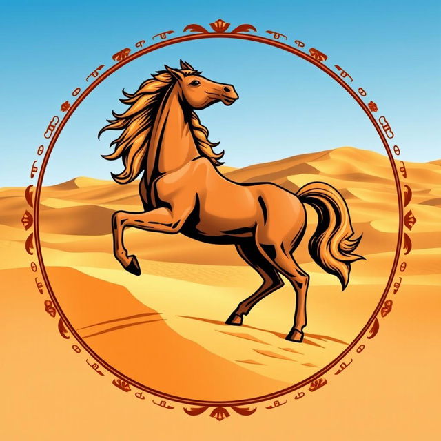 A medieval emblem showcasing a powerful horse standing on its hind legs, positioned prominently in the Mongolian desert