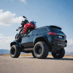 A high-speed sports bike perfectly perched on top of a gleaming, modern SUV under a bright sky.