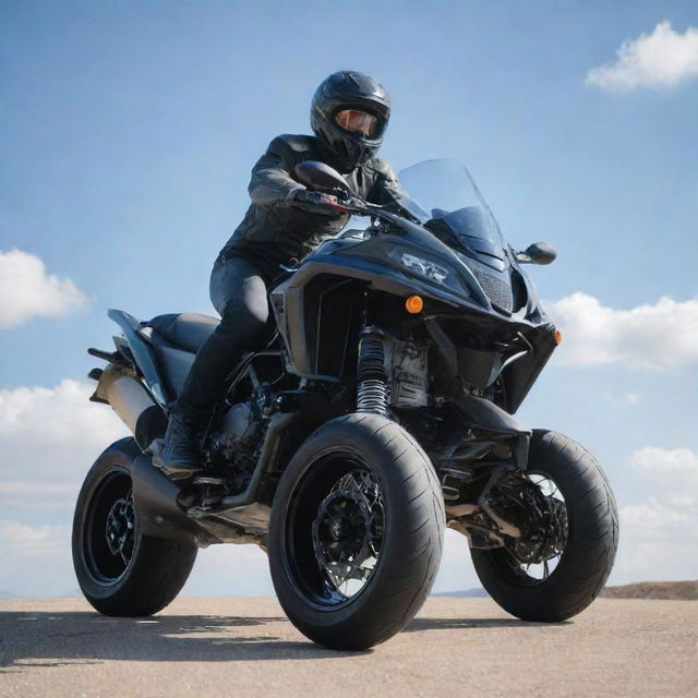 A high-speed sports bike perfectly perched on top of a gleaming, modern SUV under a bright sky.