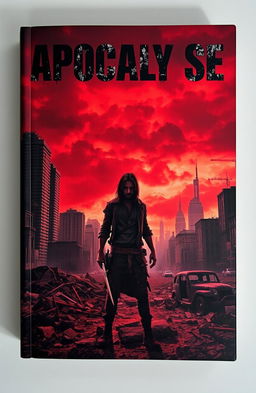 A dark apocalyptic book cover featuring a desolate cityscape, with crumbling skyscrapers and a blood-red sky filled with ominous clouds