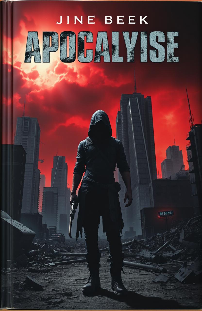 A dark apocalyptic book cover featuring a desolate cityscape, with crumbling skyscrapers and a blood-red sky filled with ominous clouds