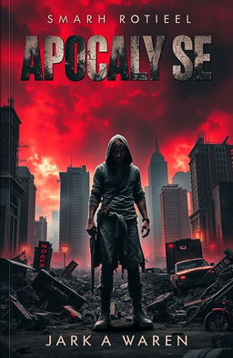 A dark apocalyptic book cover featuring a desolate cityscape, with crumbling skyscrapers and a blood-red sky filled with ominous clouds