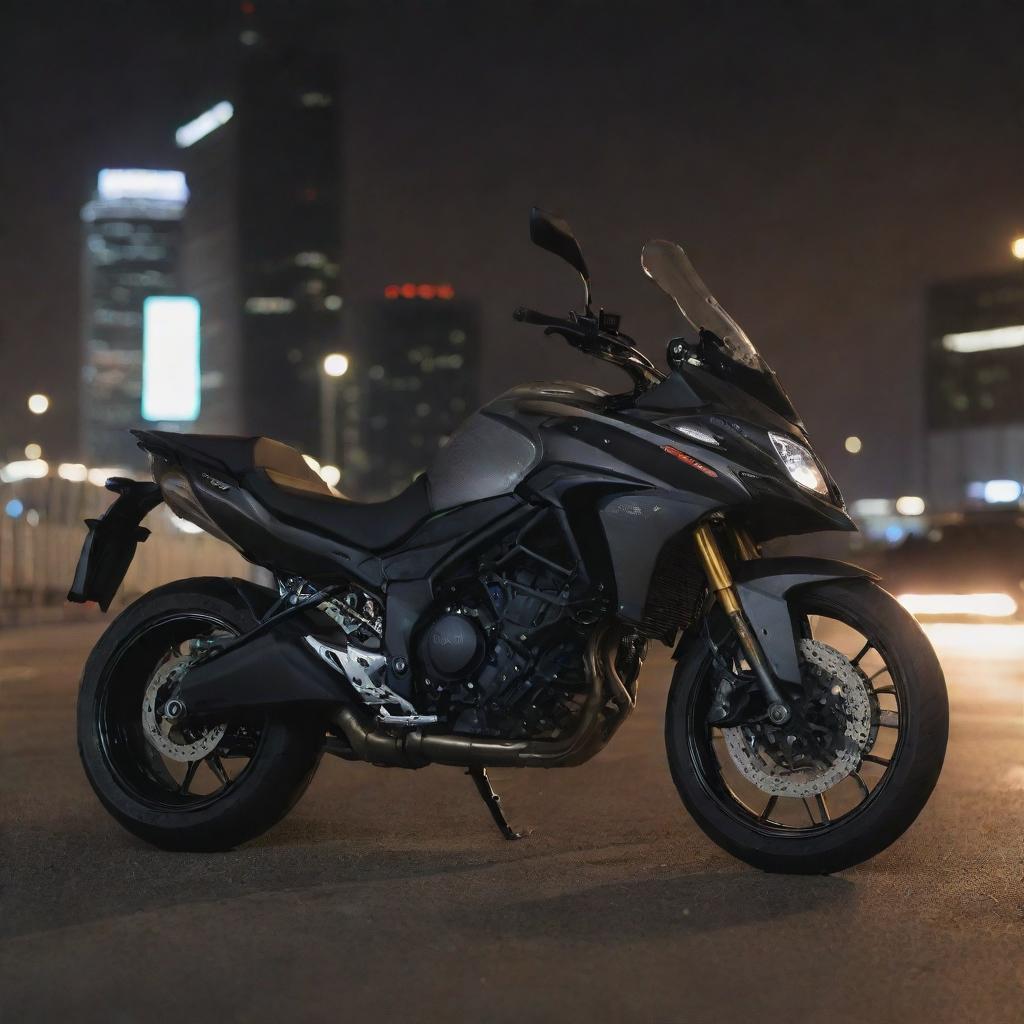 The same high-speed sports bike, now at night, bathed in the glow of city lights, perched perfectly on top of the same gleaming, modern SUV