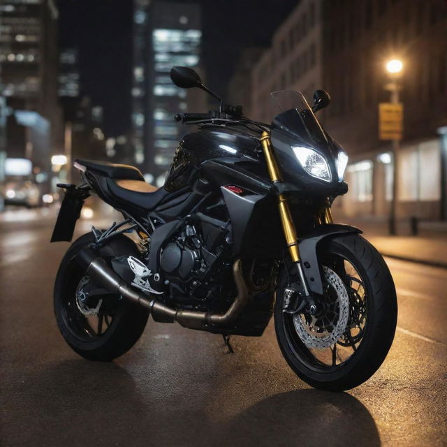 The same high-speed sports bike, now at night, bathed in the glow of city lights, perched perfectly on top of the same gleaming, modern SUV