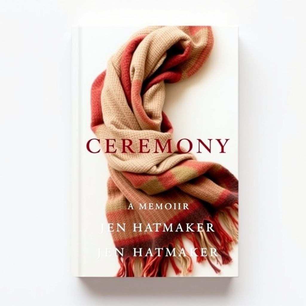 A captivating book cover design for "Ceremony: A Memoir" by Jen Hatmaker, featuring an intricately woven scarf with visible fringes, creating a rich, textured look