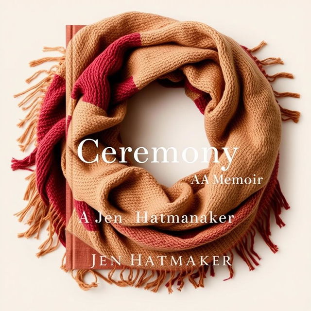 A captivating book cover design for "Ceremony: A Memoir" by Jen Hatmaker, featuring an intricately woven scarf with visible fringes, creating a rich, textured look