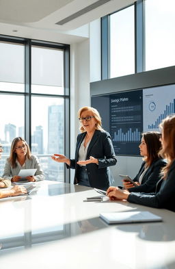 A modern, sleek office environment with a focus on a high-level meeting between a CEO and their executive team