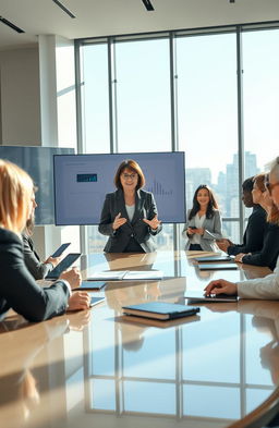 A modern, sleek office environment with a focus on a high-level meeting between a CEO and their executive team