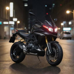 The same high-speed sports bike, now at night, bathed in the glow of city lights, perched perfectly on top of the same gleaming, modern SUV