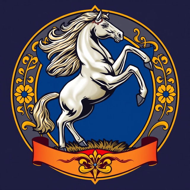 A medieval emblem showcasing a powerful horse standing on its hind legs, exuding strength and nobility