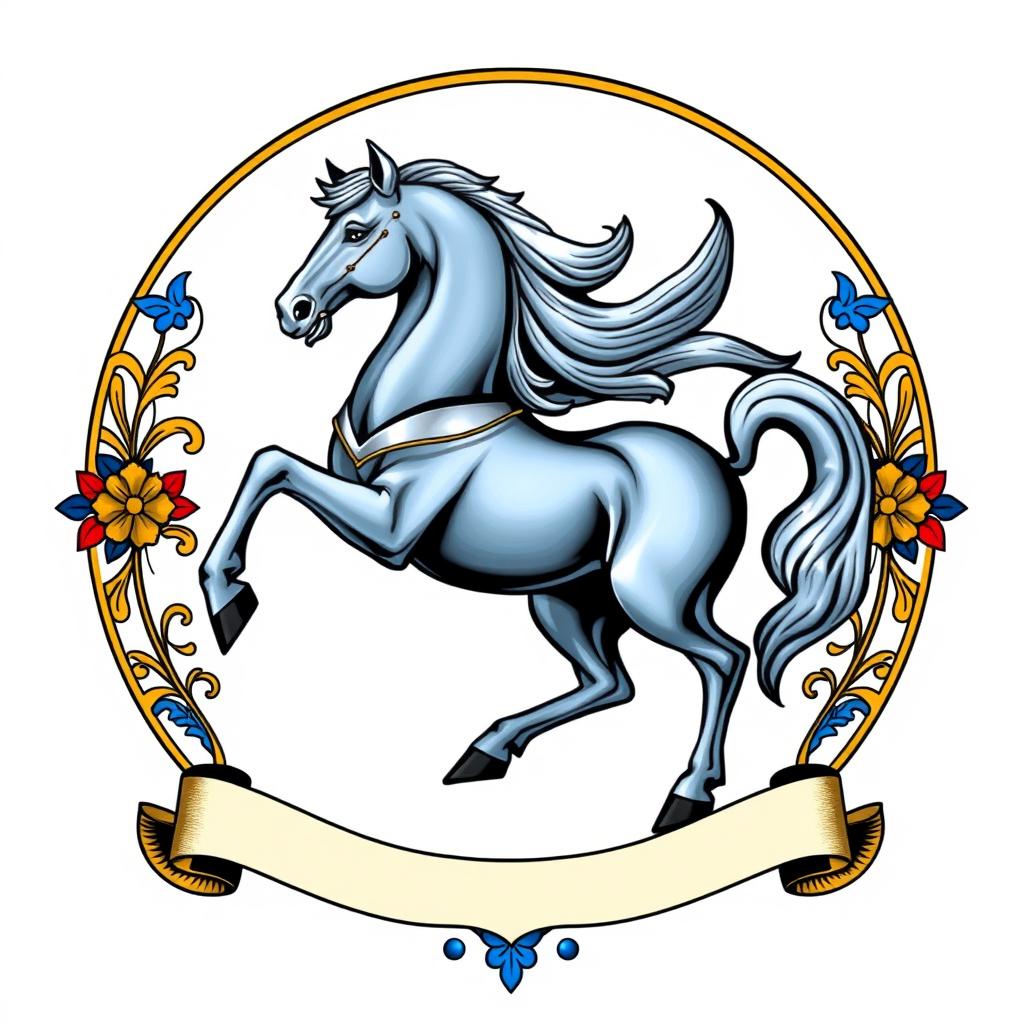 A medieval emblem showcasing a powerful horse standing on its hind legs, exuding strength and nobility