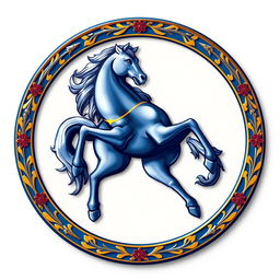 A medieval emblem showcasing a powerful horse standing on its hind legs, exuding strength and nobility