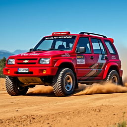 A striking red 2000 Chevy Grand Vitara designed as a rally car with a WRC (World Rally Championship) inspired theme