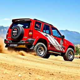 A striking red 2000 Chevy Grand Vitara designed as a rally car with a WRC (World Rally Championship) inspired theme